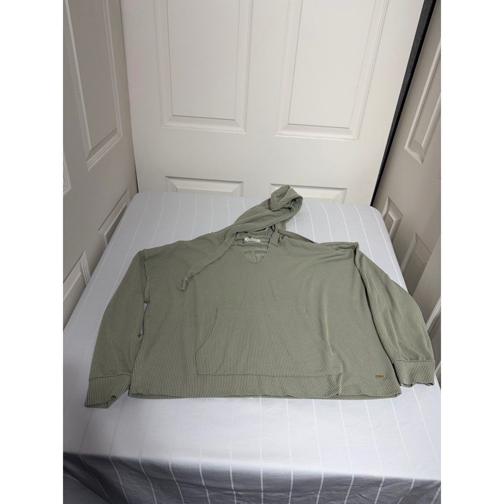 Ron Jon Surf Shop Womens Sage Green Ribbed Knit V-Neck Hoodie Sweatshirt Medium